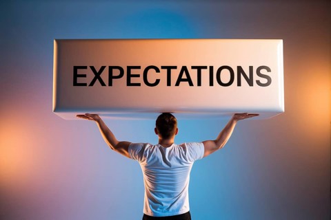 Back view of man straining under reflective block labeled expectations in front of studio
