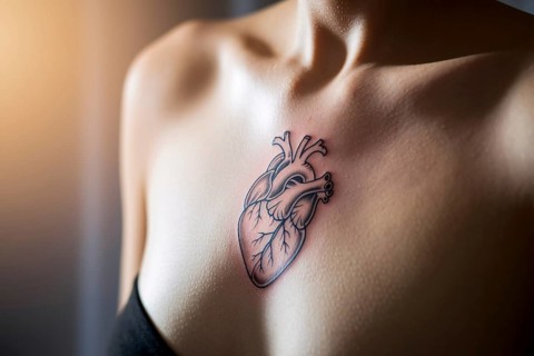 Heart tattoo on woman's chest with anatomical placement. Generative AI, AI generated