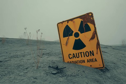 Radiation warning sign with text Caution Radiation Area in scorched earth. Symbol for danger of