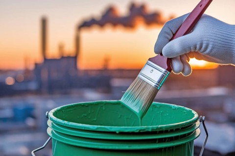 A green paint bucket with brush in industrial setting. Symbol of greenwashing in corporate