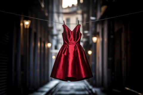 Red dress hanging alone in alley. Symbol of missing women and gender-based violence. Generative Ai,