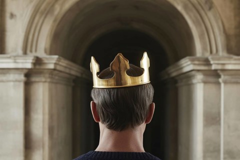 Man wearing golden crown seen from behind. Formal portrait evokes themes of monarchy, power, and
