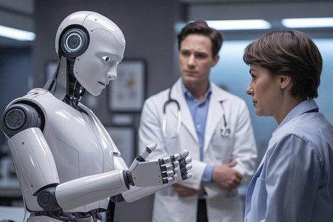 AI robot doctor in white coat explains diagnosis to patient as human doctor watches. Scene explores