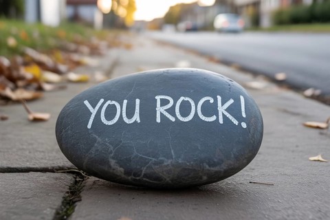 Close-up of grey river rock with You rock! chalk message on cracked sidewalk. Encouragement concept