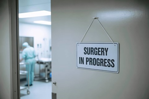 Hospital room door with surgery in progress sign. Sterile clinical environment with medical urgency