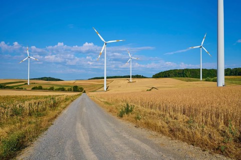 Wind turbines along a country lane in the middle of a quiet landscape, summer, Wenkheim, Werbach,