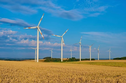 Wind turbines stand on a wide grain field under a light blue sky, summer, Höhefeld, Wertheim,