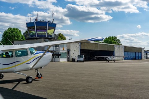 Schwarze Heide airfield, in Hünxe, northern Ruhr area, commercial airfield, tower, apron, hangar,