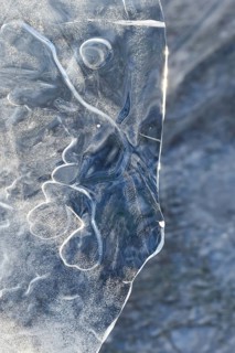 The mask... Ice sculptures (winter flood Lower Rhine 2020, 2021), art in nature, ice plate formed