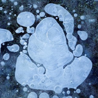 Air bubbles... Ice (winter flood 2020, 2021), ice layer with frozen air bubbles on a meadow on the