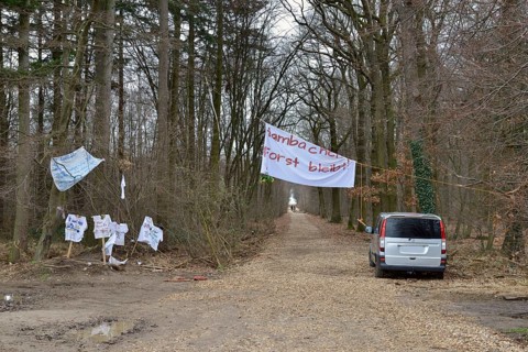 View of a march to Hambach Forest, with banners to draw attention to the threat of deforestation.