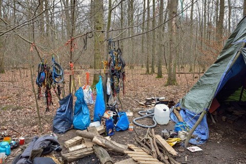 Climbing harness in the protest camp in Hambach Forest (North Rhine-Westphalia) Hambach Forest has