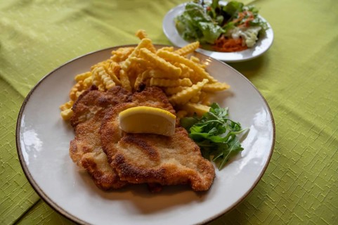 Wiener Schnitzel with French fries and salad, Bavaria, Germany