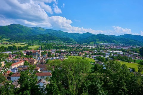 View of a district town surrounded by green hills under a cloudy blue sky, Waldkirch, Breisgau,