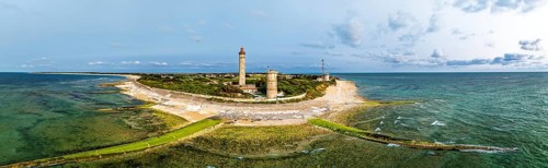 Panorama of WHALE LIGHTHOUSE from a drone, Saint-Clement-des-Baleines, Atlantic, France