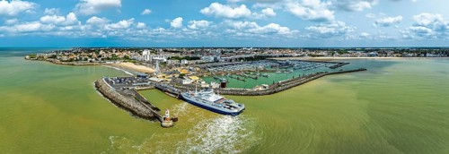 Panorama of ferry in Royan from a drone, Nouvelle-Aquitaine, Charente-Maritime, France