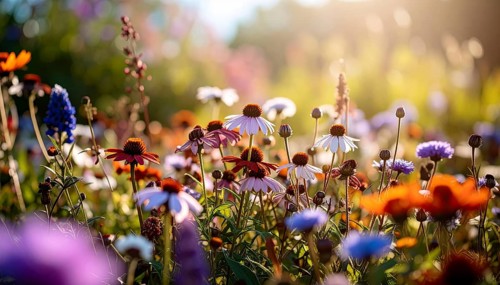 Bee-friendly garden design, colorful variety of blooming flowers in the summer, AI generated