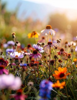 Bee-friendly garden design, colorful variety of blooming flowers in the summer, AI generated