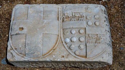 Ancient stone slab with engraved coats of arms and symbols, Abandoned Village, Lost Place, Pyli,