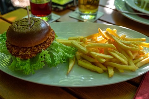 Hamburger with French fries, served in a beer garden, Franconia, Bavaria, Germany