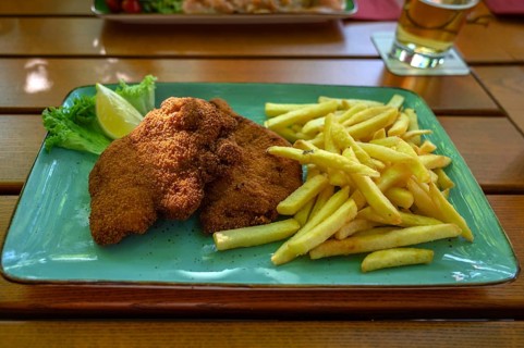 Wiener Backhändel with French fries, served in a garden restaurant, Franconia, Bavaria, Germany