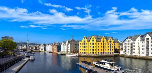 Alesund, port town on the west coast of Norway famous for Art Nouveau architecture and fjords