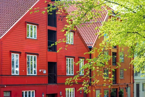 Norway, scenic Trondheim town. Bakklandet, a famous tourist travel destination with colorful houses