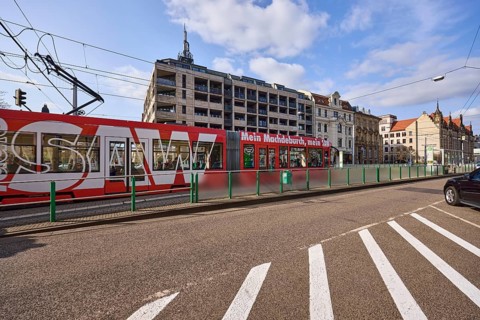 Tram stop Domplatz, overhead lines, tram, street, general architecture, blue sky, cumulus clouds,