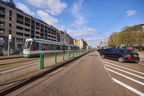 Domplatz tram stop, tram, overhead lines, tram tracks, parking boxes, vehicles, general