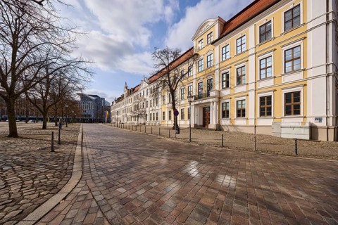 State parliament, historic houses, baroque architectural style, bollards, bare winter trees,