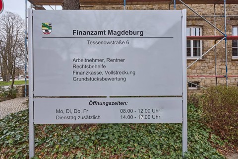 Tax office sign, employees, pensioners, legal remedies, tax office, enforcement, property