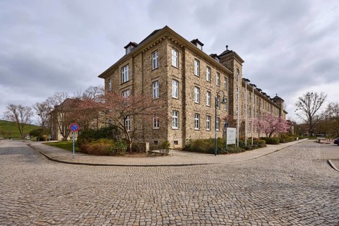 Tax office, sandstone building, bare wintry trees, diffuse light, slightly sunny, cloudy, street