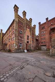 Old Diamant Brewery, brick building, historic brewery, ruin of a factory, diffuse light, cloudy,