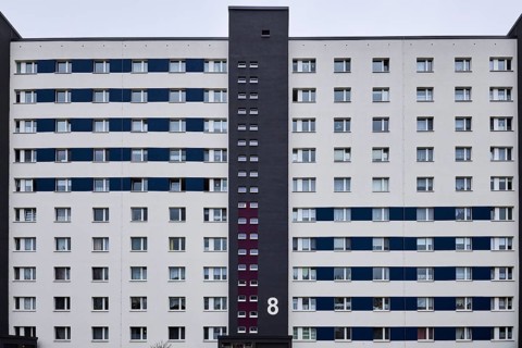 Residential building, high-rise building, residential silo, façade with windows, diffuse light,