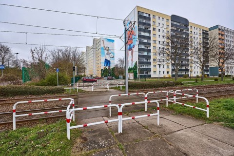 MWG-Wohnungsgenossenschaft eG Magdeburg, residential buildings, high-rise buildings, tram crossing,