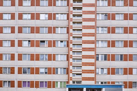 High-rise building, residential building, facade, window, diffuse light, Lumumbastrasse, Magdeburg,