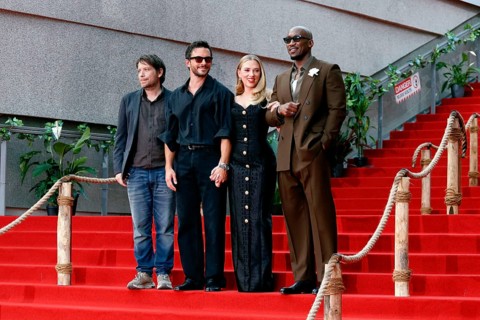 Director Gareth Edwards, Jonathan Bailey, Scarlett Johansson and Mahershala Ali at the German