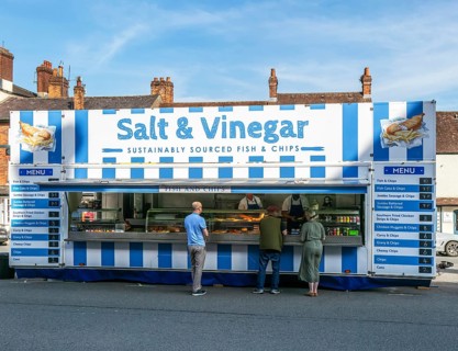 Salt & Vinegar mobile fish and chips shop, High Street, Marlborough, Wiltshire, England, UK