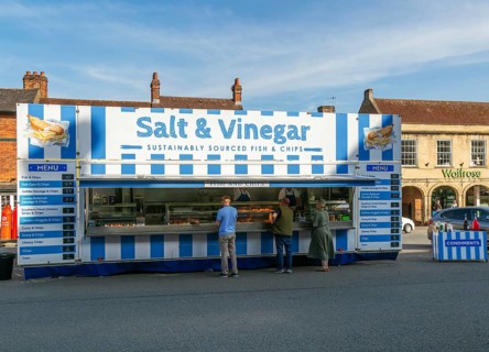 Salt & Vinegar mobile fish and chips shop, High Street, Marlborough, Wiltshire, England, UK