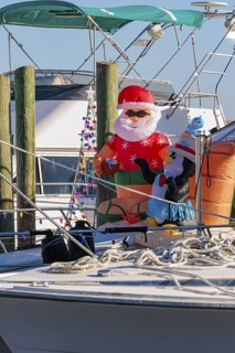 Inflatable Christmas decorations on the deck of a boat at the Biloxi Small Craft Harbor in Biloxi,