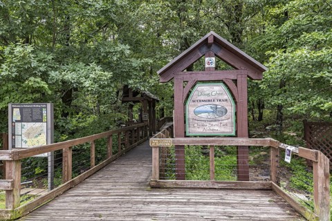 Doug Ghee Accessible Trail boardwalk at trailhead of the Bald Rock Trail in Cheaha State Park,