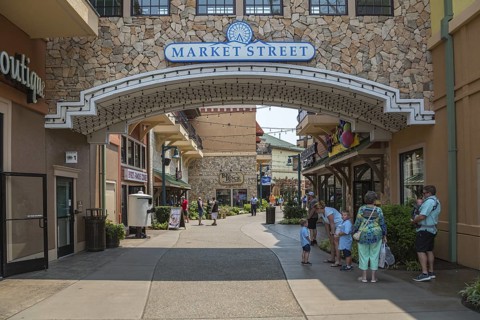 Market Street sign leads tourists to the shopping area at The Island recreation center in Pigeon