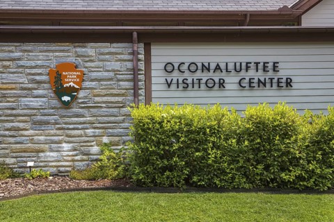 Exterior of the Oconaluftee Visitor Center at Great Smoky Mountains National Park near Cherokee,