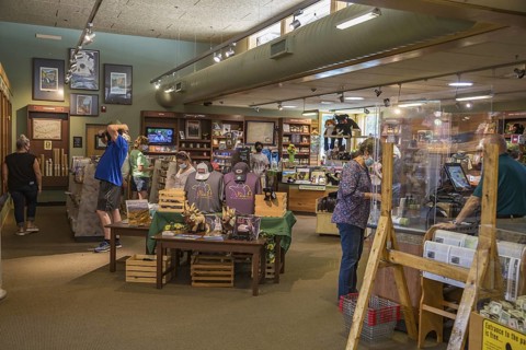 Park guests shopping inside the Oconaluftee Visitor Center at Great Smoky Mountains National Park