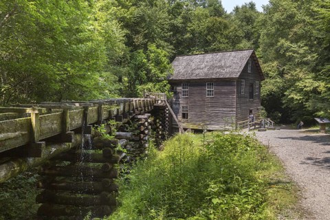 Wooden chute carries water to Mingus Mill to power grist mill for grinding corn in Great Smoky