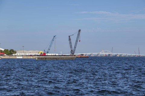 Construction of the Pensacola Bay Bridge reopening in May 2021 after being struck by a barge and a