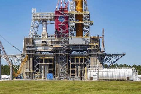 Rocket engine test stand at Stennis Space Center designed for Saturn V rocket testing and modified