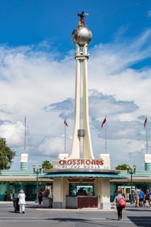 Replica of the Crossroads of the World tower and spinning globe at the entrance to Disney Hollywood