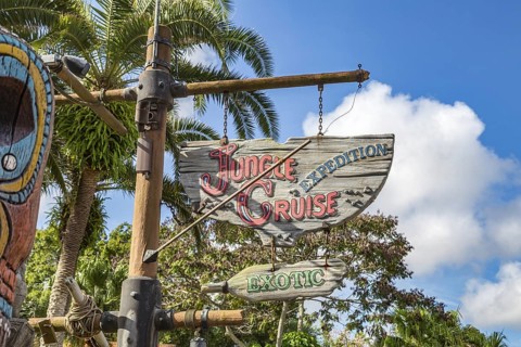 Sign for the Jungle Cruise Expedition attraction in the Adventureland area of the Magic Kingdom at