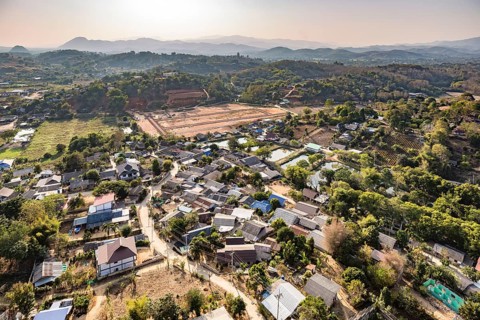 View from the top of the Guan Yin (Goddess of Mercy) statue at Wat Huay Pla Kang Temple in Chiang